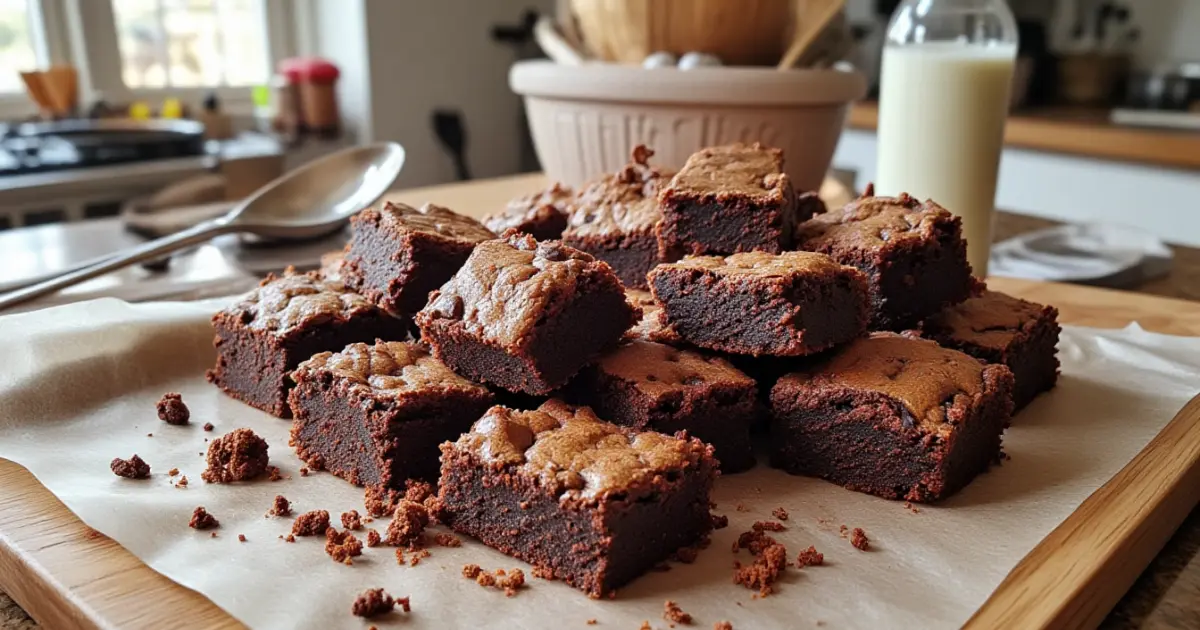A naturally lit home kitchen counter with a plate of homemade keto brownies. One brownie is half-eaten, with crumbs scattered around. A used spoon lies nearby, and the background shows a slight kitchen mess. Brownies rest on imperfect parchment paper under soft daylight from a window.