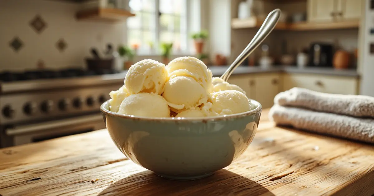 Bowl of creamy keto ice cream melting slightly on a rustic wooden table, with natural sunlight and kitchen ingredients in the background.