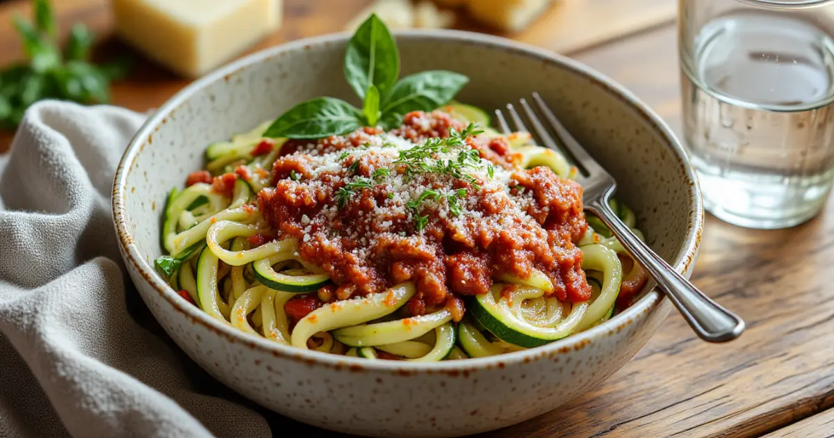 A casual bowl of zucchini noodles topped with hearty bolognese sauce, basil, and parmesan, sitting on a wooden table with a fork inside, crumpled napkin, and natural daylight creating soft kitchen shadows.
