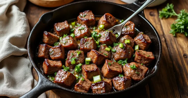 Garlic butter steak bites in a cast iron skillet topped with parsley and green onions, served on a wooden table in natural light