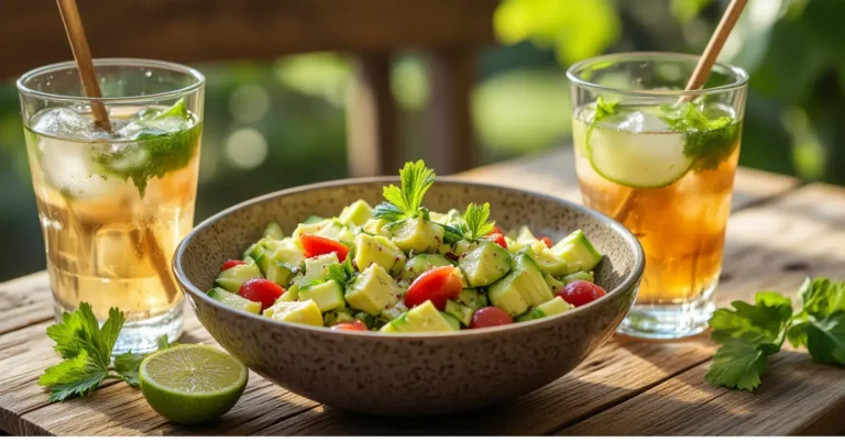 A bowl of avocado salad with visible chunks of avocado, tomato, and cucumber on a wooden patio table, with a cold drink and lime wedges nearby, natural sunlight and a relaxed outdoor setting