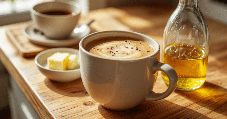 Steaming cup of bulletproof coffee on a clean wooden counter with MCT oil and butter in a sunlit home kitchen