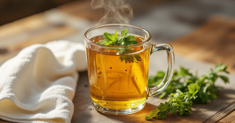 Steaming mug of bone broth with herbs on a wooden surface