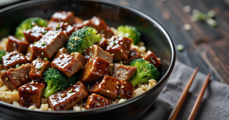 Close-up of Keto Low Carb Beef and Broccoli in a dark bowl, featuring glossy beef slices, vibrant green broccoli, and a rich brown sauce, garnished with sesame seeds.